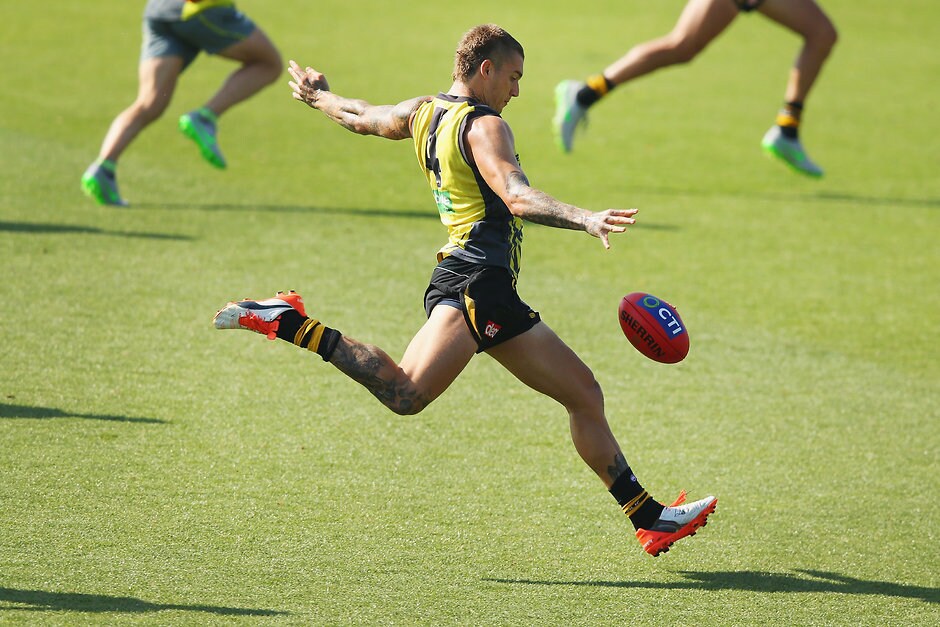 AFL 2016 Training - Richmond Intra-Club Match MELBOURNE, AUSTRALIA - FEBRUARY 12: Dustin Martin of the Tigers kicks the ball during the Richmond Tigers AFL intra-club match at Punt Road Oval on February 12, 2016 in Melbourne, Australia. (Photo by Michael Dodge/Getty Images/AFL Media)